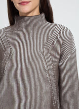 Load image into Gallery viewer, Close-up of a model wearing a dark brown and white striped sweater with a high collar.