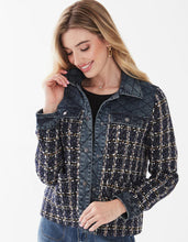 Load image into Gallery viewer, This Indigo Mixed Media Jacket from FDJ French Dressing is a stylish and modern must-have. Crafted from a unique blend of indigo and denim, it is sure to make a statement wherever you go. This jacket has an effortless look and timeless feel that will make you stand out from the crowd. Color- Indigo and denim. Dark silver snap buttons. Faux pocket design. Fabric -100% Polyester, combo: 100% Cotton. Care- Machine wash gentle cold water. Do not bleach. Lay flat to dry. Low iron if needed.