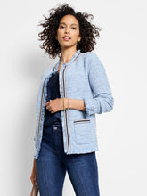 Load image into Gallery viewer, The blazer silhouette combines the comfort of your beloved cardigan with its super-soft knit construction. The Fringe Mix offers the best of both worlds and is, unsurprisingly, one of our bestsellers. This iteration stands out with a distinctive ribbon twill border. Crafted for versatility, it's the perfect piece for work, events, or to casually layer over jeans. The open front and practical patch pockets add to its ease of wear, while the signature fringe detailing along the edges accentuates the knit.