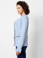 Load image into Gallery viewer, The blazer silhouette combines the comfort of your beloved cardigan with its super-soft knit construction. The Fringe Mix offers the best of both worlds and is, unsurprisingly, one of our bestsellers. This iteration stands out with a distinctive ribbon twill border. Crafted for versatility, it's the perfect piece for work, events, or to casually layer over jeans. The open front and practical patch pockets add to its ease of wear, while the signature fringe detailing along the edges accentuates the knit.