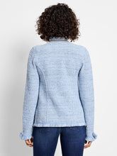 Load image into Gallery viewer, The blazer silhouette combines the comfort of your beloved cardigan with its super-soft knit construction. The Fringe Mix offers the best of both worlds and is, unsurprisingly, one of our bestsellers. This iteration stands out with a distinctive ribbon twill border. Crafted for versatility, it's the perfect piece for work, events, or to casually layer over jeans. The open front and practical patch pockets add to its ease of wear, while the signature fringe detailing along the edges accentuates the knit.