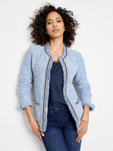 Load image into Gallery viewer, The blazer silhouette combines the comfort of your beloved cardigan with its super-soft knit construction. The Fringe Mix offers the best of both worlds and is, unsurprisingly, one of our bestsellers. This iteration stands out with a distinctive ribbon twill border. Crafted for versatility, it's the perfect piece for work, events, or to casually layer over jeans. The open front and practical patch pockets add to its ease of wear, while the signature fringe detailing along the edges accentuates the knit.