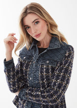 Load image into Gallery viewer, This Indigo Mixed Media Jacket from FDJ French Dressing is a stylish and modern must-have. Crafted from a unique blend of indigo and denim, it is sure to make a statement wherever you go. This jacket has an effortless look and timeless feel that will make you stand out from the crowd. Color- Indigo and denim. Dark silver snap buttons. Faux pocket design. Fabric -100% Polyester, combo: 100% Cotton. Care- Machine wash gentle cold water. Do not bleach. Lay flat to dry. Low iron if needed.