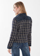 Load image into Gallery viewer, This Indigo Mixed Media Jacket from FDJ French Dressing is a stylish and modern must-have. Crafted from a unique blend of indigo and denim, it is sure to make a statement wherever you go. This jacket has an effortless look and timeless feel that will make you stand out from the crowd. Color- Indigo and denim. Dark silver snap buttons. Faux pocket design. Fabric -100% Polyester, combo: 100% Cotton. Care- Machine wash gentle cold water. Do not bleach. Lay flat to dry. Low iron if needed.