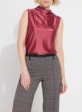 Load image into Gallery viewer, Crafted from wrinkle-resistant stretch satin jersey, the sleeveless Irina Satin Jersey Top features a mock neck and an elegant front drape. The fitted Irina, presented in a vibrant peony shade, serves as an ideal layer beneath a cherished jacket or blazer.
