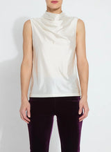 Load image into Gallery viewer, Made from wrinkle-free stretch satin jersey, the sleeveless Irina Satin Jersey Turtleneck Top showcases a mock neck and front drape. Elevate your look with this gorgeous top that pairs beautifully under jackets and blazers.