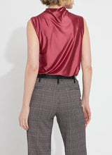 Load image into Gallery viewer, Crafted from wrinkle-resistant stretch satin jersey, the sleeveless Irina Satin Jersey Top features a mock neck and an elegant front drape. The fitted Irina, presented in a vibrant peony shade, serves as an ideal layer beneath a cherished jacket or blazer.