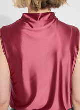 Load image into Gallery viewer, Crafted from wrinkle-resistant stretch satin jersey, the sleeveless Irina Satin Jersey Top features a mock neck and an elegant front drape. The fitted Irina, presented in a vibrant peony shade, serves as an ideal layer beneath a cherished jacket or blazer.