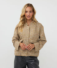 Load image into Gallery viewer, Introducing the EsQualo Tweed Bomber Jacket in Gold (Style W2417708), a stylish and versatile piece featuring a subtle multicolor yarn and lurex. This jacket is the perfect combination of boldness and chic elegance, bringing a unique texture and shimmer to your wardrobe. Dress it up with a skirt or trouser or keep it casual with denim.