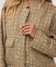 Load image into Gallery viewer, Introducing the EsQualo Tweed Bomber Jacket in Gold (Style W2417708), a stylish and versatile piece featuring a subtle multicolor yarn and lurex. This jacket is the perfect combination of boldness and chic elegance, bringing a unique texture and shimmer to your wardrobe. Dress it up with a skirt or trouser or keep it casual with denim.