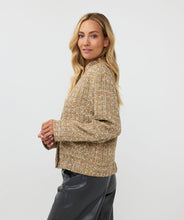 Load image into Gallery viewer, Introducing the EsQualo Tweed Bomber Jacket in Gold (Style W2417708), a stylish and versatile piece featuring a subtle multicolor yarn and lurex. This jacket is the perfect combination of boldness and chic elegance, bringing a unique texture and shimmer to your wardrobe. Dress it up with a skirt or trouser or keep it casual with denim.