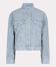 Load image into Gallery viewer, The Druna Distressed Jean Jacket by EsQualo features a light blue color and distressed denim quality. It is equipped with front pockets and adorned with rhinestone-encrusted buttons, giving it a touch of elegance. The texture almost resembles a boucle fabric.