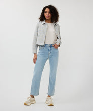 Load image into Gallery viewer, Our Janny Jacket Tweed by EsQualo is a stunning piece that combines elegance and casual chic. The exquisite blue and off-white tweed fabric is elevated with shimmering gold lurex details, making it a sophisticated choice for any occasion. Designed with practical chest pockets and adorned with beautiful gold buttons, this jacket is both stylish and functional. Perfect for pairing with dressy trousers or casual jeans, it’s an effortless way to refine your look.