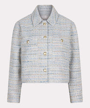 Load image into Gallery viewer, Our Janny Jacket Tweed by EsQualo is a stunning piece that combines elegance and casual chic. The exquisite blue and off-white tweed fabric is elevated with shimmering gold lurex details, making it a sophisticated choice for any occasion. Designed with practical chest pockets and adorned with beautiful gold buttons, this jacket is both stylish and functional. Perfect for pairing with dressy trousers or casual jeans, it’s an effortless way to refine your look.