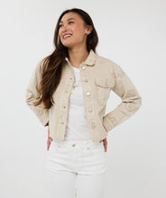 Load image into Gallery viewer, The EsQualo Jacket is a stylish blend of cool and elegant. Featuring frayed edges for a distressed denim look and delicate embroidery for a chic touch. This 100% cotton jacket includes front chest pockets for added functionality.
