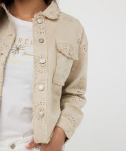 Load image into Gallery viewer, The EsQualo Jacket is a stylish blend of cool and elegant. Featuring frayed edges for a distressed denim look and delicate embroidery for a chic touch. This 100% cotton jacket includes front chest pockets for added functionality.