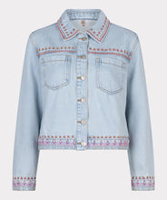 Load image into Gallery viewer, This Jonna Jacket Jeans Embroidery- EsQualo HS2412214 features intricate embroidery details, making it a stylish and versatile addition to any wardrobe. With long sleeves and a button fastening, this jacket is both functional and fashionable.
