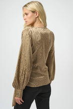 Load image into Gallery viewer, Jessa Jacquard Satin Animal Print Wrap Top in Taupe - Joseph Ribkoff 254060