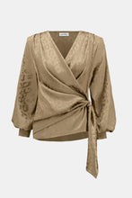Load image into Gallery viewer, Jessa Jacquard Satin Animal Print Wrap Top in Taupe - Joseph Ribkoff 254060