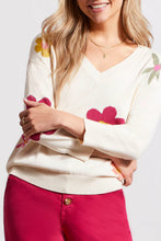 Load image into Gallery viewer, This darling lightweight sweater is a delightful choice for cool spring mornings and evenings. This V-neck features a charming floral design on the front, while the back boasts trendy colorful stripes. With its pop-over style and three-quarter sleeves, it’s both comfortable and stylish. 