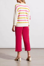Load image into Gallery viewer, This darling lightweight sweater is a delightful choice for cool spring mornings and evenings. This V-neck features a charming floral design on the front, while the back boasts trendy colorful stripes. With its pop-over style and three-quarter sleeves, it’s both comfortable and stylish. 