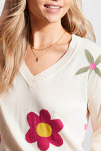 Load image into Gallery viewer, This darling lightweight sweater is a delightful choice for cool spring mornings and evenings. This V-neck features a charming floral design on the front, while the back boasts trendy colorful stripes. With its pop-over style and three-quarter sleeves, it’s both comfortable and stylish. 
