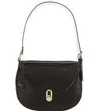 Load image into Gallery viewer, The Jacqueline is an ideal shoulder bag for any event. It is designed with high-grade vegan leather and adjustable vegan leather strap. The turn-lock closure and flap opening provide secure storage for items. Color- Black. Turn lock flap closure. Side pocket and zip closure inside. Adjustable strap. Vegan leather. Vegan leather strap. Measurements-10.5" x 1.5" x 9."