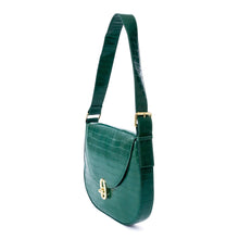 Load image into Gallery viewer, The Jacqueline is an ideal shoulder bag for any event. It is designed with high-grade vegan leather and adjustable vegan leather strap. The turn-lock closure and flap opening provide secure storage for items. Color- Emerald green. Turn lock flap closure. Side pocket and zip closure inside. Adjustable strap. Vegan leather. Vegan leather strap.