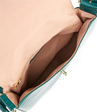 Load image into Gallery viewer, The Jacqueline is an ideal shoulder bag for any event. It is designed with high-grade vegan leather and adjustable vegan leather strap. The turn-lock closure and flap opening provide secure storage for items. Color- Emerald green. Turn lock flap closure. Side pocket and zip closure inside. Adjustable strap. Vegan leather. Vegan leather strap.