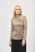 Load image into Gallery viewer, Indulge in understated glamour with this beautiful jersey knit top. The wrap neckline and long sleeves pair to perfection to add poise and a timeless elegance to this design. Delicate side shirring compliments the garment’s alluring fitted silhouette and creates a look that can seamlessly transition from day to night.