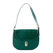 Load image into Gallery viewer, The Jacqueline is an ideal shoulder bag for any event. It is designed with high-grade vegan leather and adjustable vegan leather strap. The turn-lock closure and flap opening provide secure storage for items. Color- Emerald green. Turn lock flap closure. Side pocket and zip closure inside. Adjustable strap. Vegan leather. Vegan leather strap.