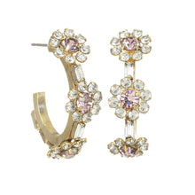 Load image into Gallery viewer, The Julia Earrings boast a dazzling antique gold finish on brass base metal and are expertly adorned with high-grade crystals that sparkle and shine. Crafted in Canada and fitted with hypoallergenic surgical steel posts, these earrings provide an effortless elegance and luxurious comfort for all day wear. Color- Pink, gold and white. High quality Swarovski crystals. Antique gold plated over brass base metal. Surgical steel posts.