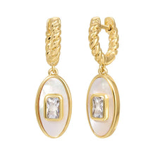 Load image into Gallery viewer, Gold and pearl oval drop earrings with a crystal baguette in the center against a white background.