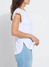 Load image into Gallery viewer, The Lyssé Katarina Eyelet Sleeve Trim Top is a refined yet effortless short-sleeve blouse featuring delicate eyelet-trimmed sleeves for a touch of elegance. Designed with a relaxed silhouette, this top offers both comfort and sophistication, making it a versatile addition to any wardrobe.