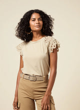 Load image into Gallery viewer, The Lyssé Katarina Eyelet Sleeve Trim Top is a refined yet effortless short-sleeve blouse featuring delicate eyelet-trimmed sleeves for a touch of elegance. Designed with a relaxed silhouette, this top offers both comfort and sophistication, making it a versatile addition to any wardrobe.