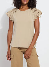 Load image into Gallery viewer, The Lyssé Katarina Eyelet Sleeve Trim Top is a refined yet effortless short-sleeve blouse featuring delicate eyelet-trimmed sleeves for a touch of elegance. Designed with a relaxed silhouette, this top offers both comfort and sophistication, making it a versatile addition to any wardrobe.