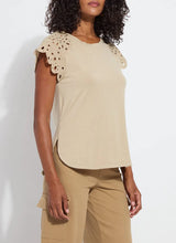 Load image into Gallery viewer, The Lyssé Katarina Eyelet Sleeve Trim Top is a refined yet effortless short-sleeve blouse featuring delicate eyelet-trimmed sleeves for a touch of elegance. Designed with a relaxed silhouette, this top offers both comfort and sophistication, making it a versatile addition to any wardrobe.
