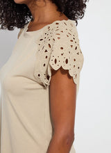Load image into Gallery viewer, The Lyssé Katarina Eyelet Sleeve Trim Top is a refined yet effortless short-sleeve blouse featuring delicate eyelet-trimmed sleeves for a touch of elegance. Designed with a relaxed silhouette, this top offers both comfort and sophistication, making it a versatile addition to any wardrobe.