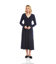 Load image into Gallery viewer, Woman wearing a navy blue dress and navy flats against a white background.