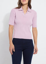 Load image into Gallery viewer, The Kenzie Ribbed Knit Polo in Rose Shadow is a stylish and versatile addition to your wardrobe. Crafted from Sculpting Rib Knit, this form-fitting sweater features a polo collar and short sleeves, making it perfect for both casual and semi-formal occasions. The rose shadow color adds a touch of elegance, while the stretchable fabric ensures comfort and a flattering fit. Ideal for those seeking a chic and modern look, our Kenzie pairs beautifully with jeans, skirts, or trousers.