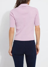 Load image into Gallery viewer, The Kenzie Ribbed Knit Polo in Rose Shadow is a stylish and versatile addition to your wardrobe. Crafted from Sculpting Rib Knit, this form-fitting sweater features a polo collar and short sleeves, making it perfect for both casual and semi-formal occasions. The rose shadow color adds a touch of elegance, while the stretchable fabric ensures comfort and a flattering fit. Ideal for those seeking a chic and modern look, our Kenzie pairs beautifully with jeans, skirts, or trousers.