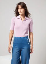 Load image into Gallery viewer, The Kenzie Ribbed Knit Polo in Rose Shadow is a stylish and versatile addition to your wardrobe. Crafted from Sculpting Rib Knit, this form-fitting sweater features a polo collar and short sleeves, making it perfect for both casual and semi-formal occasions. The rose shadow color adds a touch of elegance, while the stretchable fabric ensures comfort and a flattering fit. Ideal for those seeking a chic and modern look, our Kenzie pairs beautifully with jeans, skirts, or trousers.