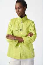 Load image into Gallery viewer, Stay stylish and dry in this water-resistant jacket featuring a fashionable funnel collar, front button closure, and functional pockets. Combining practicality with style, this brilliant color jacket is a must-have for any wardrobe, sure to catch attention with its striking design. Color - Key lime. Novelty fabric. Funnel collar. Cuff sleeves. Pockets and front button closure. Lined.