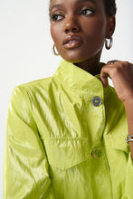 Load image into Gallery viewer, Stay stylish and dry in this water-resistant jacket featuring a fashionable funnel collar, front button closure, and functional pockets. Combining practicality with style, this brilliant color jacket is a must-have for any wardrobe, sure to catch attention with its striking design. Color - Key lime. Novelty fabric. Funnel collar. Cuff sleeves. Pockets and front button closure. Lined.