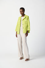 Load image into Gallery viewer, Stay stylish and dry in this water-resistant jacket featuring a fashionable funnel collar, front button closure, and functional pockets. Combining practicality with style, this brilliant color jacket is a must-have for any wardrobe, sure to catch attention with its striking design. Color - Key lime. Novelty fabric. Funnel collar. Cuff sleeves. Pockets and front button closure. Lined.