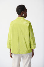 Load image into Gallery viewer, Stay stylish and dry in this water-resistant jacket featuring a fashionable funnel collar, front button closure, and functional pockets. Combining practicality with style, this brilliant color jacket is a must-have for any wardrobe, sure to catch attention with its striking design. Color - Key lime. Novelty fabric. Funnel collar. Cuff sleeves. Pockets and front button closure. Lined.