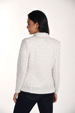 Load image into Gallery viewer, Woman wearing a textured ivory blazer/jacket over a graphic t-shirt and blue jeans against a white background.