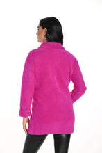 Load image into Gallery viewer, A woman wearing a bright fuchsia pink eyelash knit jacket with a collar, button-down front, and functional pockets.