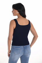 Load image into Gallery viewer, The Kiera Knit Sleeveless Top in deep navy is a sophisticated addition to any collection, featuring delicate crystal embellishments at the neckline and straps that add a touch of refined glamour. Designed by Frank Lyman, this piece boasts a flattering sleeveless cut and soft knit fabric for effortless comfort and chic versatility. Perfect for both formal occasions and elevated casual styling, it pairs beautifully with tailored pants or statement skirts.