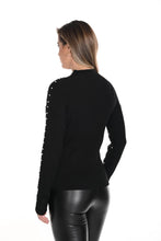 Load image into Gallery viewer, Update your fall/winter wardrobe with this stunning black mock neck sweater featuring rhinestone and pearl embellishments. With a hip-length fit and a slim silhouette, this fashionable pullover seamlessly blends fashion and comfort, becoming a must-have for the colder months.